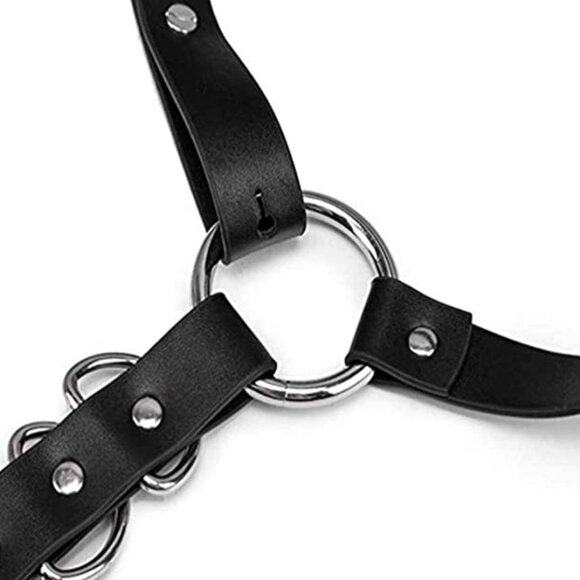 Black Faux Leather Silver Bondage Waist Leg Belt Cage Harness Body Jewelry - Picture 5 of 5